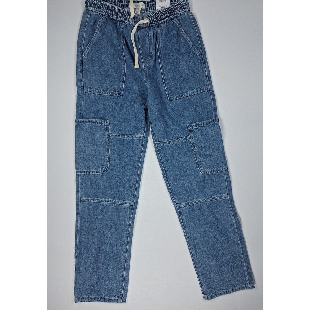 Sun + Stone Men 29 Slim Fit Denim Cargo Jeans Elastic Waist Drawstring Blue NWT